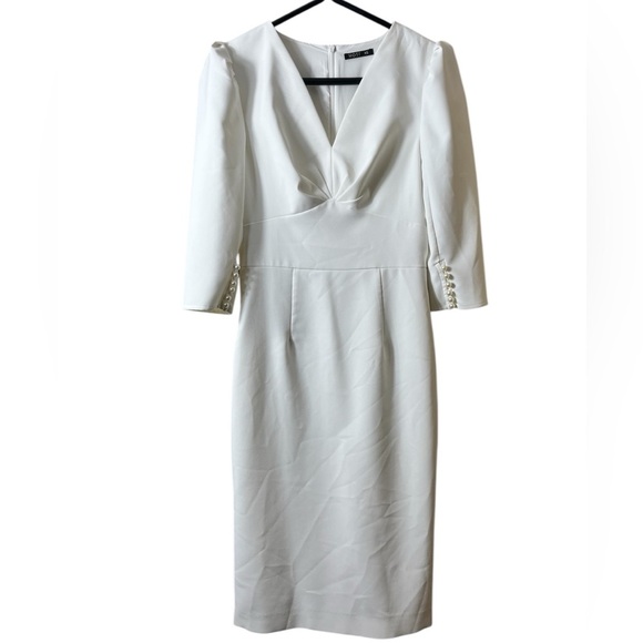 Elegant White Sheath Modest Wedding Midi Dress with Puff Pearl Sleeves Size XS - Picture 3 of 10